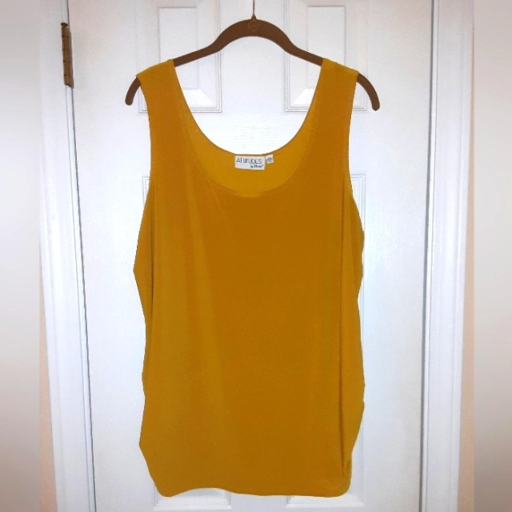 XL Attitudes by Renee Sleeveless Tank Top with Ruched Sides in Golden Mustard